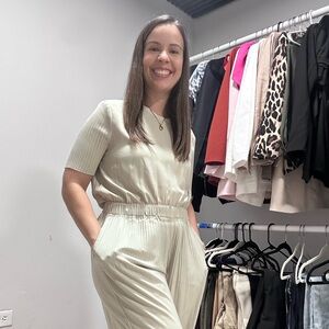 Natori Cream Short-Sleeve Ribbed Jumpsuit with Elastic Waist